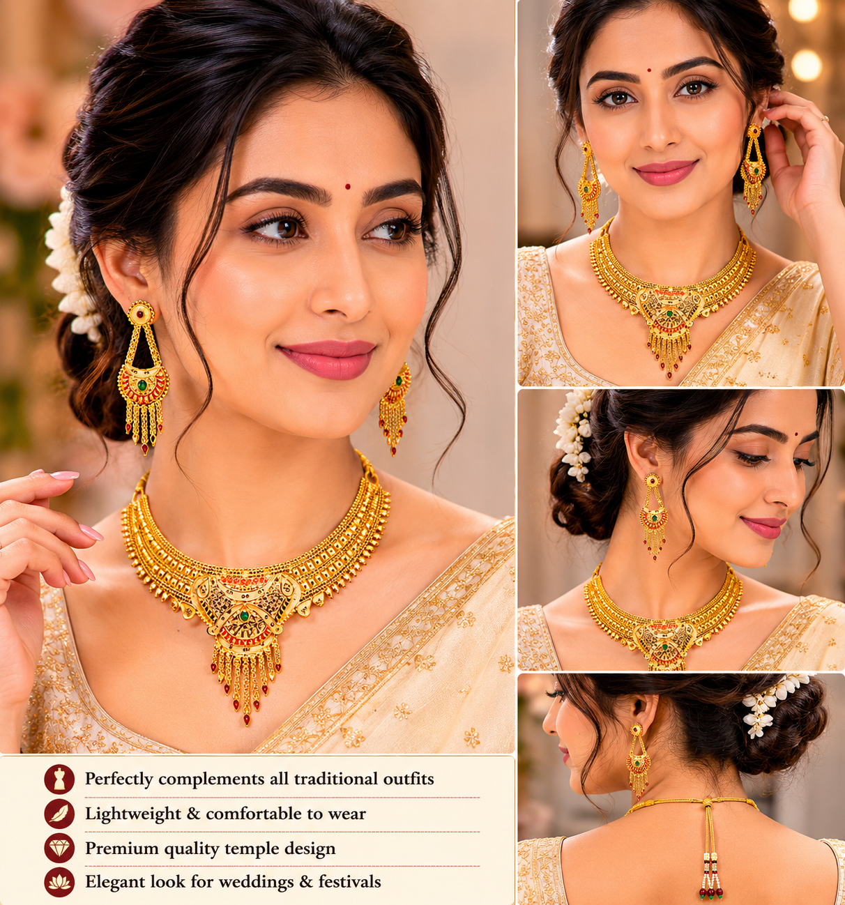 Elegant Layered Gold Bridal Necklace Set | Wedding & Reception Jewelry