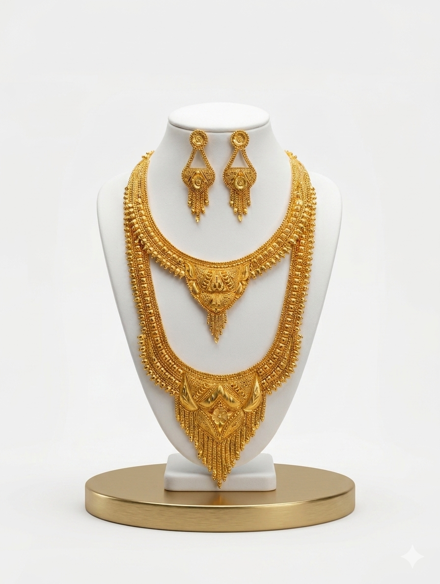 Elegant Layered Gold Bridal Necklace Set | Wedding & Reception Jewelry