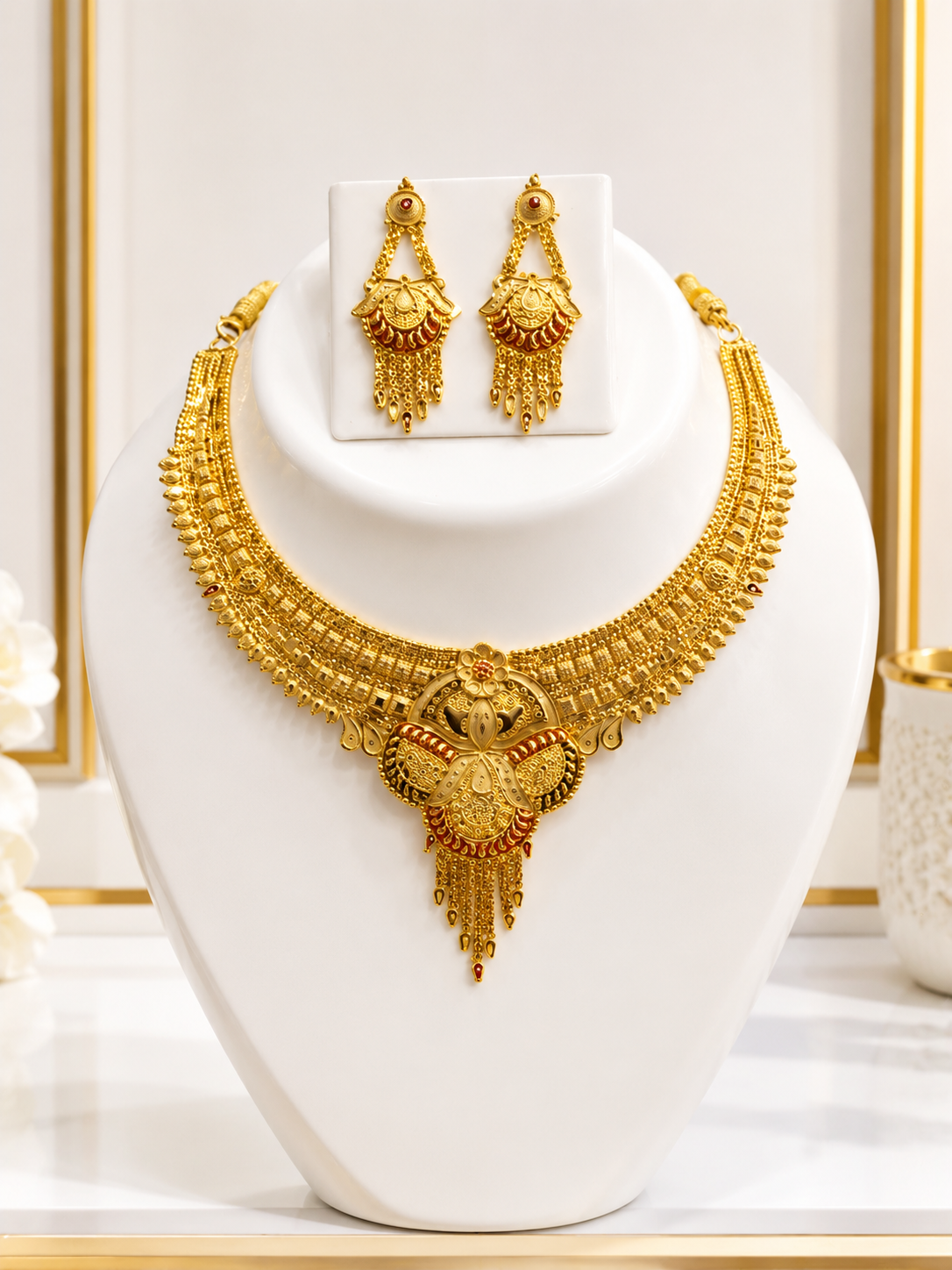 Indian Antique Gold Plated Necklace Set | Traditional Jewellery with Earrings
